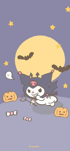 a cartoon cat sitting on top of a pile of pumpkins next to a full moon