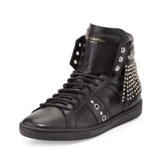 Saint Laurent Studded Fringe Leather High Top Sneakers Saint Laurent Calfskin Sneaker With Studded-Fringe Trim. Flat Sole. Round Toe. Lace-Up Front. Logo Patch At Tongue. Cushioned Topline. Rubber Outsole. Made In Italy. Worn. Signs Of Wear Shown In Photos. Comes With Box And Dust Bag Leather High Tops, Saint Laurent Shoes, Fringe Trim, Womens Shoes Sneakers, High Top, Patch Logo, Top Sneakers, Calf Skin, High Top Sneakers