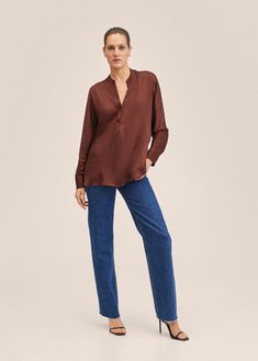 Flowing Blouse, Style Oversize, Brown Blouse, V Neck Shirt, Mango Outlet, Blouse Nordstrom, Satin Blouse, Oversized Silhouette, Neck Shirt