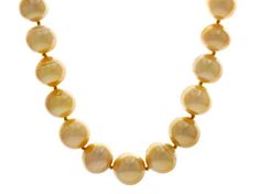 9-11mm golden cultured South Sea pearl 14k yellow gold over sterling silver 18 inch strand necklace. Measures approximately 7/16 of an inch in width and has a magnetic clasp. Colors, shapes, and sizes may vary. Classic Gold Necklace With High Luster, Classic Gold Necklaces With High Luster, Classic Yellow Round Bead Jewelry, Yellow Gold Necklace With High Luster Round Beads, Yellow Gold High Luster Round Beads Necklace, Yellow Round Pearl Necklace As A Gift, Yellow Round Pearl Necklace Gift, Yellow Pearl Necklace As A Gift, Formal Yellow Jewelry With Round Beads