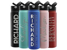 three different types of water bottles with the words richard written on each one side