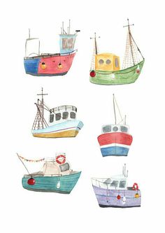 four boats are painted in different colors