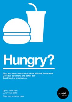 a blue poster with the words hungry? and a hamburger in front of it on a blue background