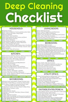 a green and white checklist with the words deep clean checklist written on it