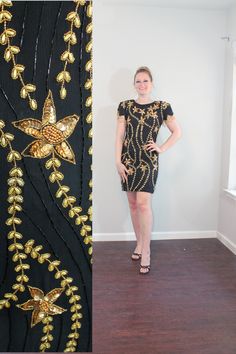 "Stunning 1980s fully beaded silk mini dress, with a floral print that looks like stars! I love the fun fringe on the sleeves. Plus, it's new old stock - you'll be the first to wear it out! FEATURES: * Label: TJ Wear * Circa: 1980s * Materials: 100% silk, glass beads, sequins, and faux pearl * Color: Black and gold * Pattern: Star flowers and vines * Length: Mini * Sleeves: Short with beaded fringe * Neckline: Crew * Closure: Zips up back * Style: Mini Dress * Lining: Fully lined * Shoulder pads Summer Fitted Mini Dress With Beaded Fringe, Summer Beaded Fringe Fitted Mini Dress, Fitted Mini Dress With Beaded Fringe For Summer, Fitted Short Sleeve Mini Dress For Festive Occasions, Vintage Summer Dress With Beaded Fringe, Vintage Beaded Fringe Summer Dress, Fitted Vintage Dress With Beaded Fringe, Vintage Mini Dress For Party Season Night Out, Vintage Mini Dress For Night Out During Party Season