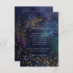 a card with the words details written in gold and purple stars on it, against a dark blue background