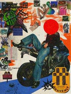 a collage of various images with a man sitting on a motorbike in the middle