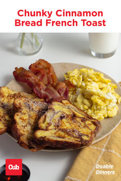 Plate of Chunky Cinnamon Bread French Toast with eggs and bacon. Cinnamon Bread French Toast, French Toast Bacon, Bacon And Eggs Breakfast, Bite Size Breakfast, Fruit Ice Pops, Toast Bacon, Bread French Toast, Single Serve Meals, Bagel Bread