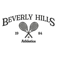 the beverly hills athletics logo is shown in black on a white background with two tennis rackets