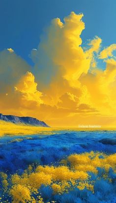 a painting of yellow and blue flowers in the desert