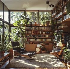 a living room filled with lots of plants and bookshelves next to a window