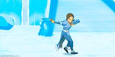 an animated image of a woman skating on the ice with her arms out and one hand in the air