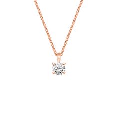 Single Bail Four Prong Pendant - 14K Rose Gold. A beautiful diamond is accentuated in this elegant, classic four prong pendant. The pendant dangles gracefully from a delicate cable chain. Classic Rose Gold Necklace With Diamond Accents, Delicate Rose Gold Solitaire Necklace With Brilliant Cut, Classic Rose Gold Jewelry With Brilliant Cut, Classic Brilliant Cut Rose Gold Jewelry, Classic Rose Gold Diamond Necklace With Round Cut, Rose Gold Round Cut Diamond Necklace With Prong Setting, Classic Rose Gold Round Solitaire Necklace, Luxury Rose Gold Solitaire Necklace With Prong Setting, Rose Gold Solitaire Necklace With Brilliant Cut Pendant