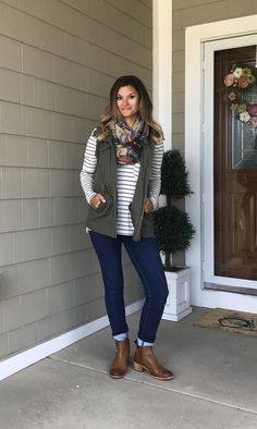 Perfect fall outfit! Striped tee, cargo vest, jeans, plaid scarf, and booties! #justpostedblog #falloutfit Green Cargo Vest Outfits For Women, Olive Utility Vest Outfits, Olive Vest Outfits For Women, Khaki Vest Outfit Women, Cargo Vest Outfits For Women, Jeans And Vest Outfit, Green Vest Outfits For Women, Vests For Women Fall Outfits