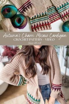 a woman standing in front of a pile of crocheted items with text overlay that reads, autumn's charm mosaic cardigan crochet pattern video