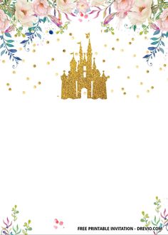 the disney castle is surrounded by pink flowers and gold confetti on white paper