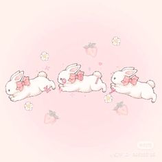 three white rabbits with pink bows are flying in the air and one bunny is laying on its back