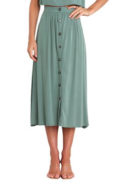 This flowy button-front skirt gives your look a fresh, relaxed vibe that's perfect for brunch, weekend parties and resort getaways. Front button closure Unlined 100% rayon Hand wash, dry flat Imported Button Front Midi Skirt, Button Front Skirt, Dresses By Length, Pleated Midi Skirt, Green Skirt, Line Design, Skirt Outfits, Midi Length, Womens Bottoms