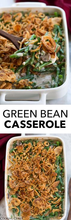 green bean casserole in a white dish with a wooden spoon on the side