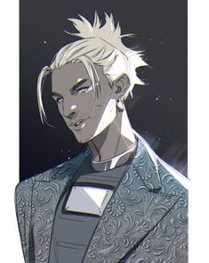 an anime character with white hair wearing a blue and gray suit, standing in front of a dark background