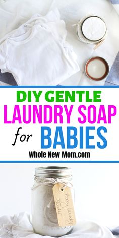 some baby products are sitting on top of each other with the words diy gentle laundry soap for babies