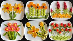 four plates with different fruits and flowers made to look like vegetables on them are arranged in the shape of flowers