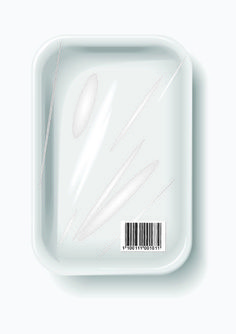 an empty white plate with plastic spoons on it and a barcode sticker in the middle