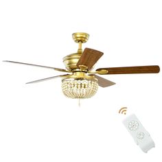 a ceiling fan with a chandelier and remote control