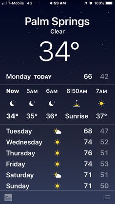 an iphone screen showing the weather for palm springs, florida on friday, march 4