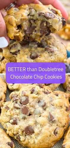 a person picking up a chocolate chip cookie from a cooling rack with the words, better than doubletree chocolate chip cookies