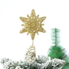 an ornament hanging from the top of a christmas tree with snow on it