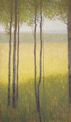 an oil painting of three trees in the grass