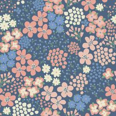 a blue and pink floral wallpaper with lots of flowers