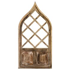 an old wooden window with lattices on the top and bottom, against a white background