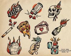 an old school tattoo flash sheet with different designs