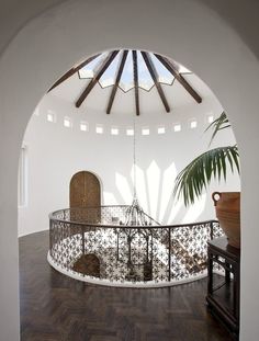 a circular room with a plant and potted palm tree in the center, surrounded by wood flooring