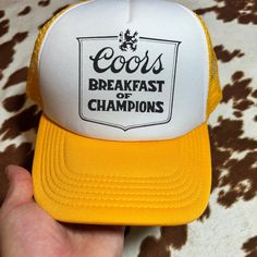 Cute Yellow And White Coors Breakfast Of Champions Trucker Hat Yellow Retro Trucker Hat, Retro Yellow Trucker Hat, White Bucket Hat, Floral Bucket Hat, Black Cowgirl, Beige Hat, Cat Beanie, Breakfast Of Champions, Pink Letter