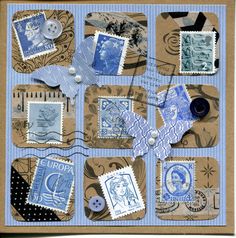 a collage of stamps and buttons on a piece of brown paper with blue accents