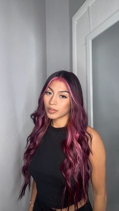 Burgundy Pink Hair, Pink And Burgundy Hair, Highlight Hair Ideas, Red Hair With Pink Highlights, Red Purple Hair, Magenta Hair Colors, Dark Pink Hair, Color Block Hair, Highlight Hair