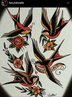 an old school tattoo design with birds and flowers