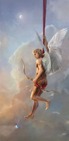 a painting of an angel with a bow and arrow in his hands, holding on to a pole