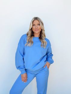 BT3157A blue doodle print sweatshirt BaeVely Sweatsuit Outfits, Lane 201, Blue Sweatshirt, Rounded Neckline, Timeless Style, Stretchy Material, Dresses Xs, Running Errands, Athleisure