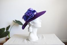 Description and Measurements: Amazing wide brim purple wool felt hat with a large purple flower on the side. Brim is almost 5" wide. Hat fits on a 21-22" head.  Tag: Sylvia New York St Louis Material: Wool felt Condition: Excellent, very minor wear to the interior brim from being worn. Follow along on instagram @lovecharlesvintage *Hat must be shipped in an oversized box due to width* Wide Hat, Hat Fits, Felt Hat, Purple Flower, Wide Brimmed, Purple Flowers, St Louis, Wool Felt, Caps Hats