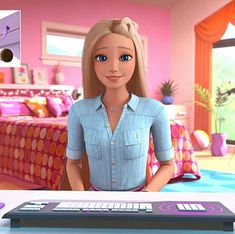 a girl is standing in front of a computer keyboard