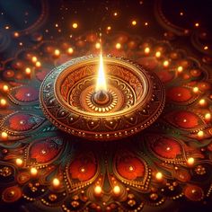 a lit diya with candles in it on a dark background, surrounded by circles of lights