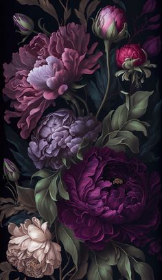 a bunch of flowers that are on a black background with green leaves and purple flowers