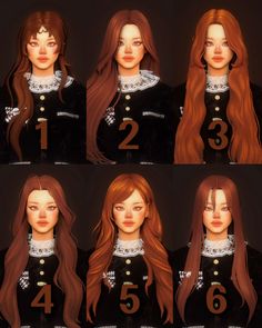 an animated woman with long red hair is shown in four different poses, including the head and