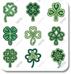 green shamrocks with hearts and knots on them, all in the same color scheme