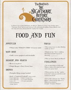 a menu for food and fun with an image of the night before christmas on it