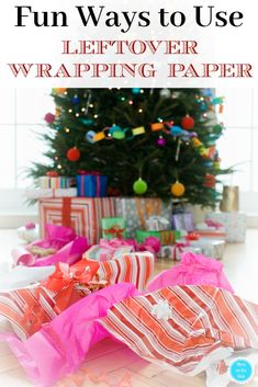 presents under the christmas tree with text overlay that reads fun ways to use leftover wrapping paper